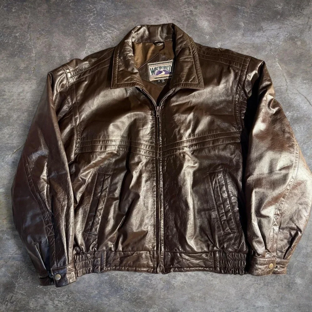 Vintage Watershed Brown Genuine Leather Bomber Jacket Mens M 90s Moto Distressed